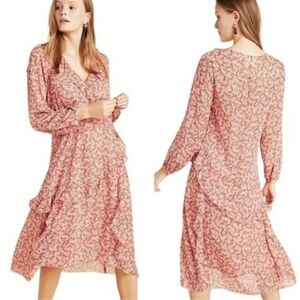 NEW Anthropologie Maeve Sirena Midi Dress Ruffle Chiffon Floral Pink Combo